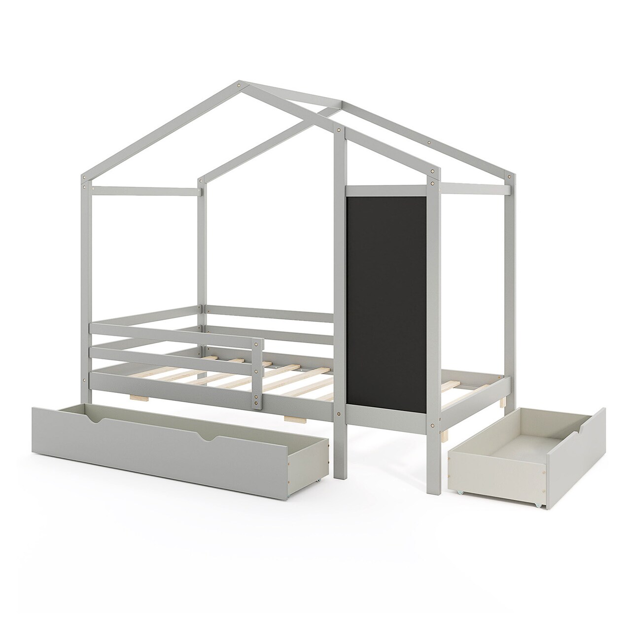 Wooden Twin House Bed with Storage Drawers Blackboard and Guardrails for Kids